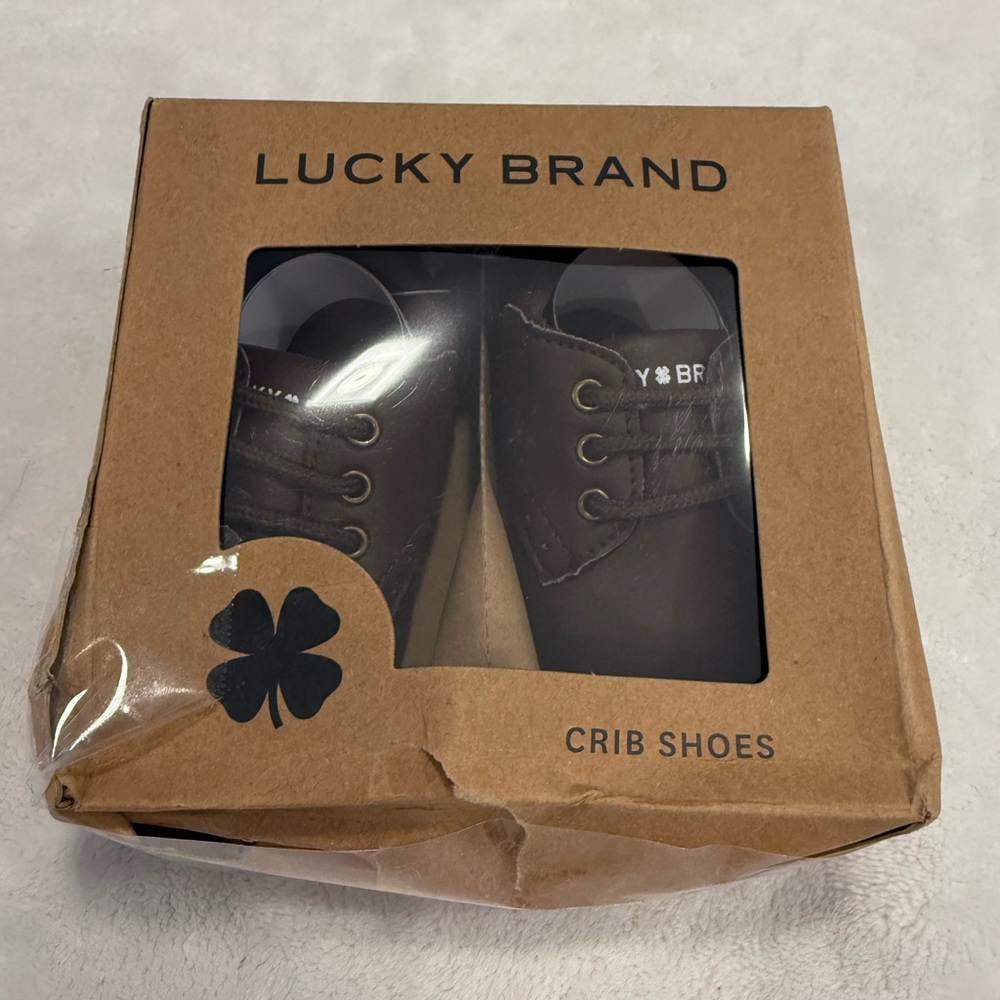 Lucky Brand Crib Shoes brown faux leather slip on with laces soft comfy SZ 2